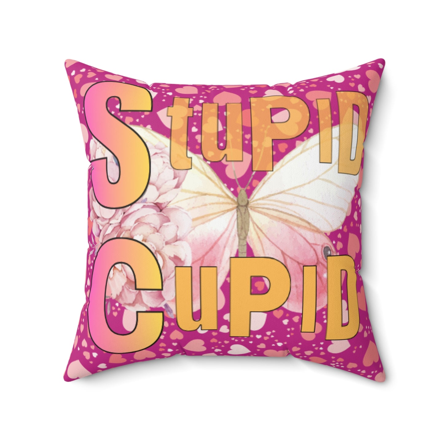 Spun Polyester Square Pillow Stupid Cupid Butterfly Purple