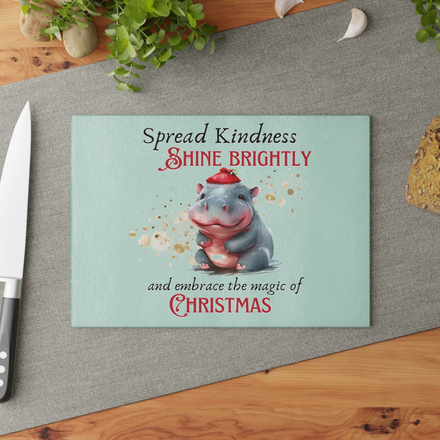 Glass Cutting Board - Hippopotamus with the Magic of Christmas