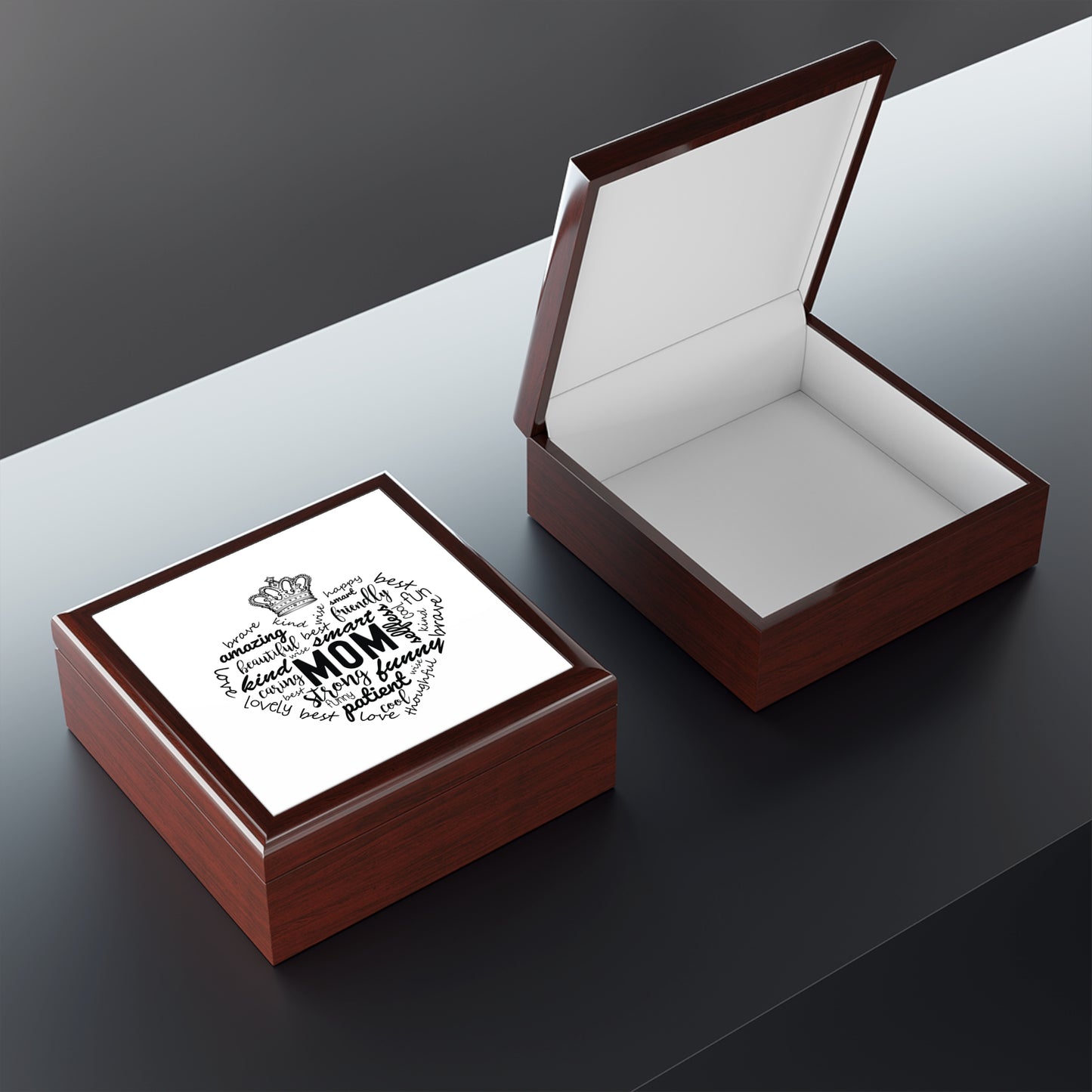 MOM Appreciation Jewelry Box – White Ceramic Affirmations for Mom in a heart shape and crown for the queen she is.