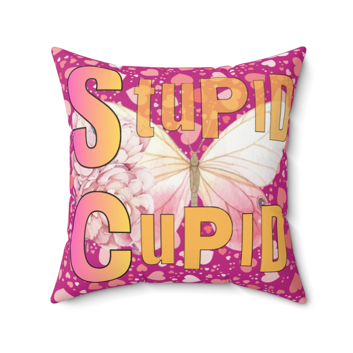 Spun Polyester Square Pillow Stupid Cupid Butterfly Purple