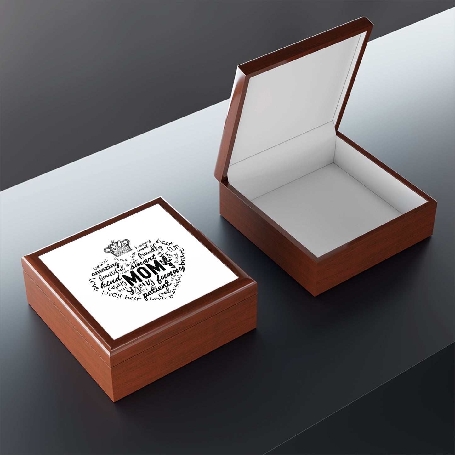 MOM Appreciation Jewelry Box – White Ceramic Affirmations for Mom in a heart shape and crown for the queen she is.
