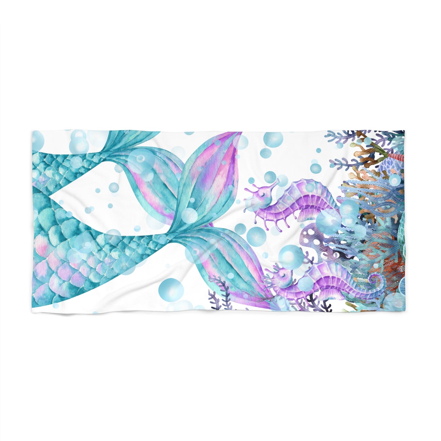 Luxurious Beach Towel - Watercolor Vibrant Mermaids and Sea Horses Design