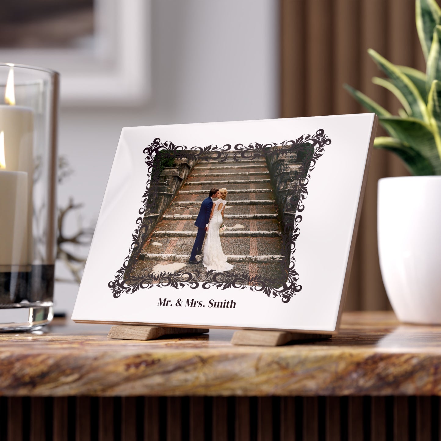 Personalized Ceramic Photo Tile - Wedding, with Name