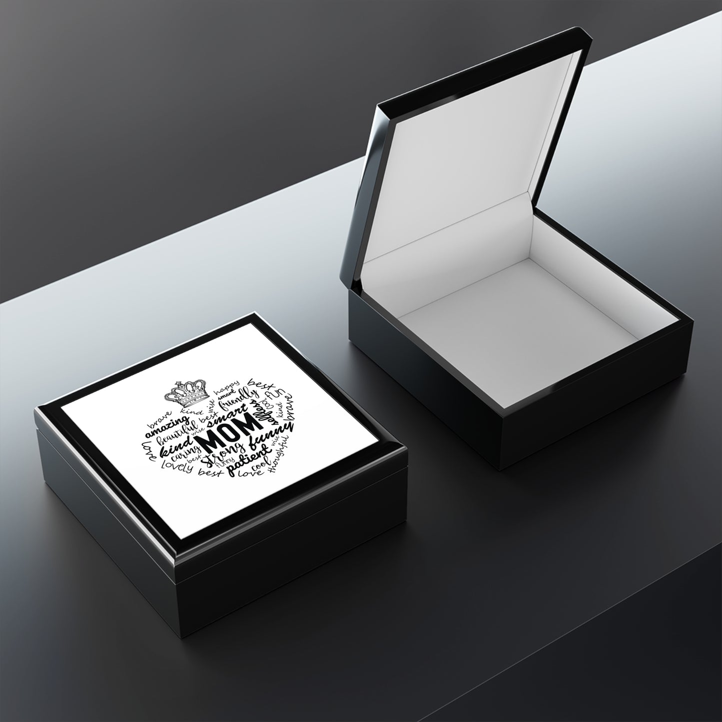 MOM Appreciation Jewelry Box – White Ceramic Affirmations for Mom in a heart shape and crown for the queen she is.