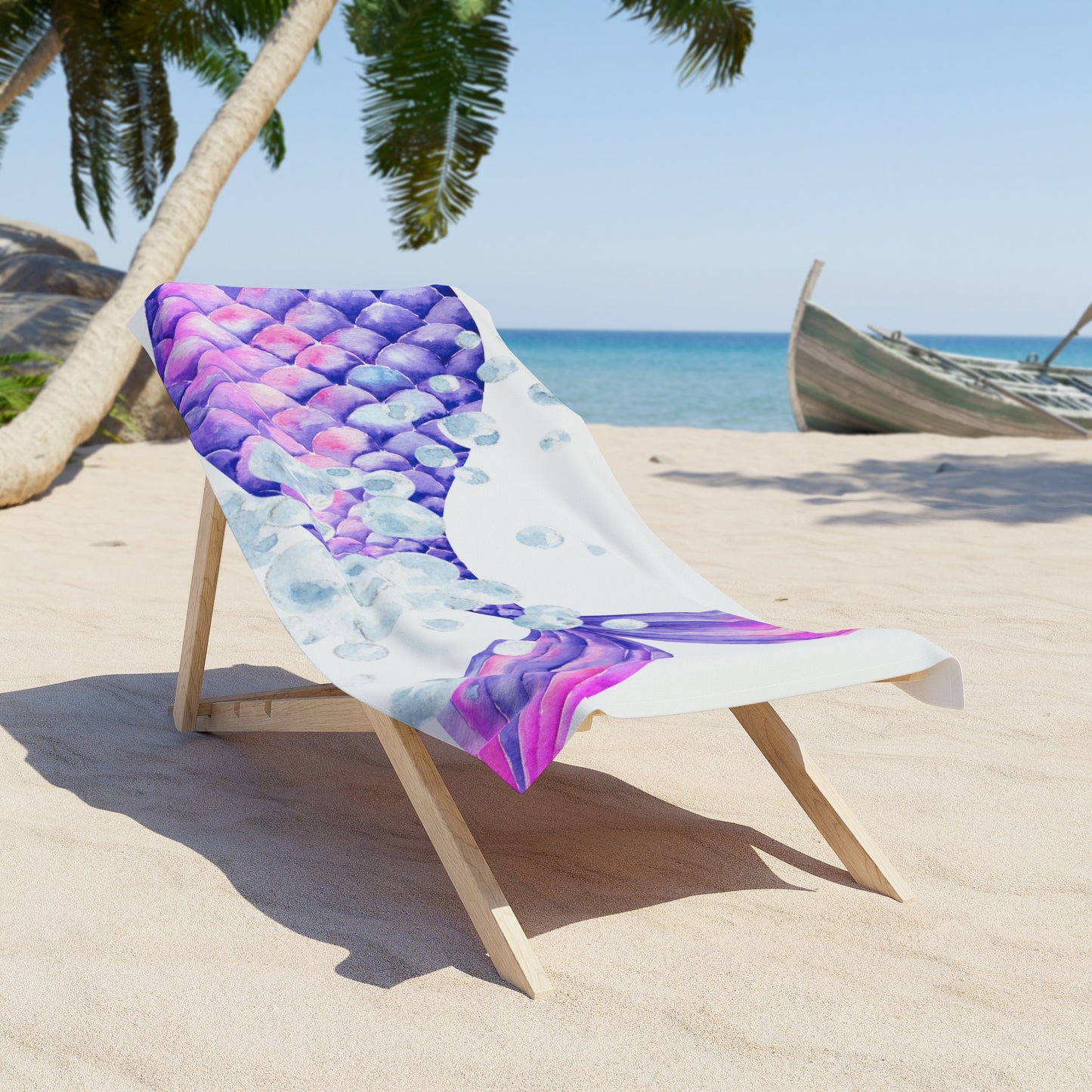 Luxurious Beach Towel - Watercolor Vibrant Tail and Bubbles Design