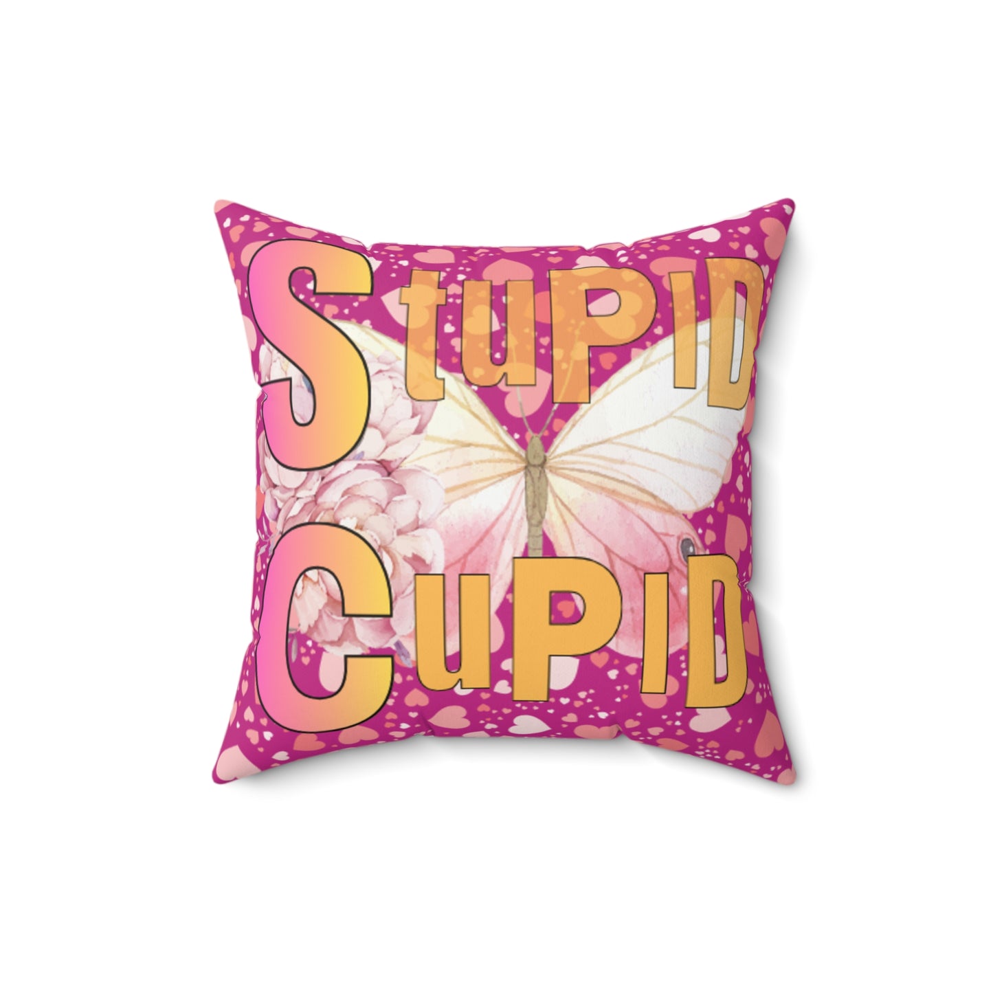 Spun Polyester Square Pillow Stupid Cupid Butterfly Purple