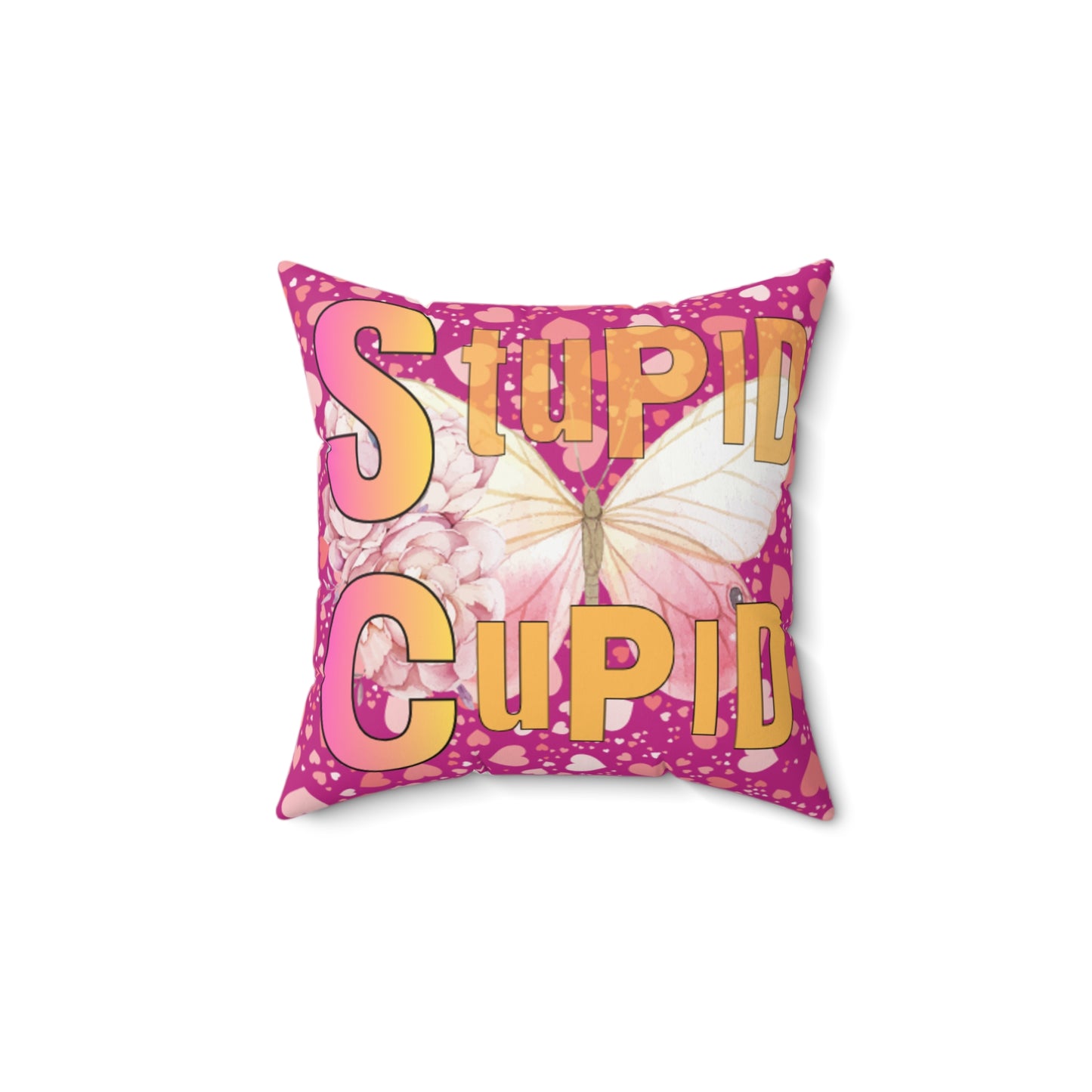 Spun Polyester Square Pillow Stupid Cupid Butterfly Purple
