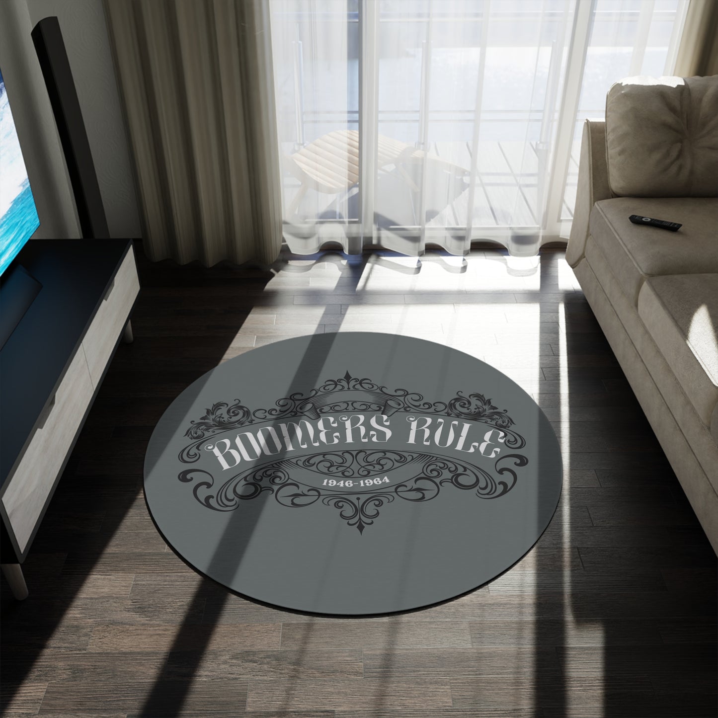 Dark Grey Round Rug Boomers Rule