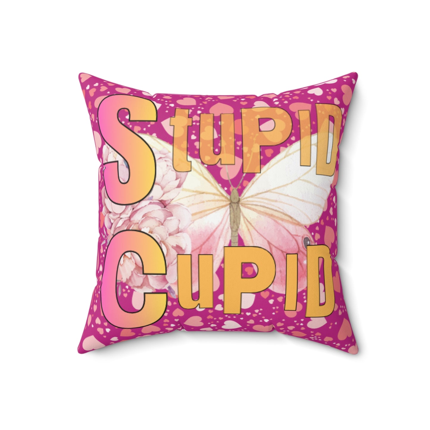 Spun Polyester Square Pillow Stupid Cupid Butterfly Purple