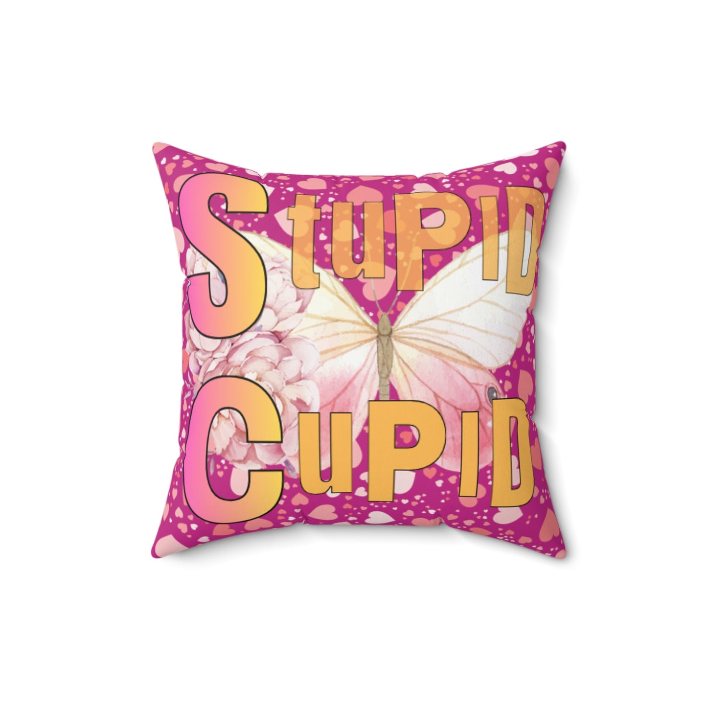 Spun Polyester Square Pillow Stupid Cupid Butterfly Purple