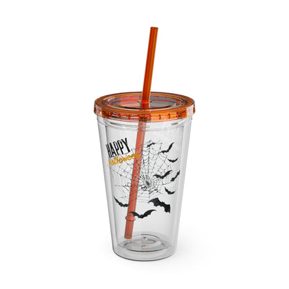 Clear Tumbler with color-matching lid and straw, 16oz  - Happy Halloween