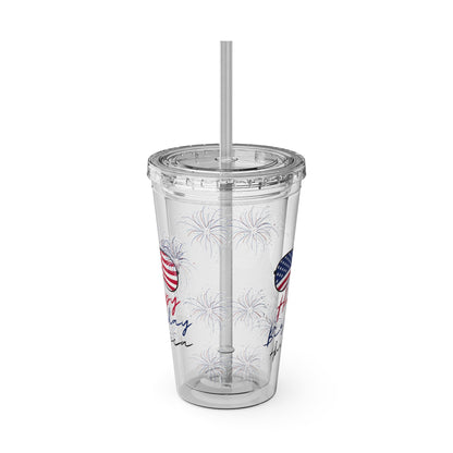 Clear Tumbler with color-matching lid and straw, 16oz  - Happy Birthday America