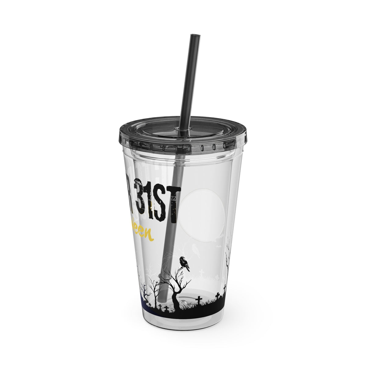 Clear Tumbler with color-matching lid and straw, 16oz - October 31 Haunted House Halloween Tumbler
