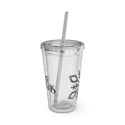 Clear Tumbler with color-matching lid and straw, 16oz - Merry Christmas