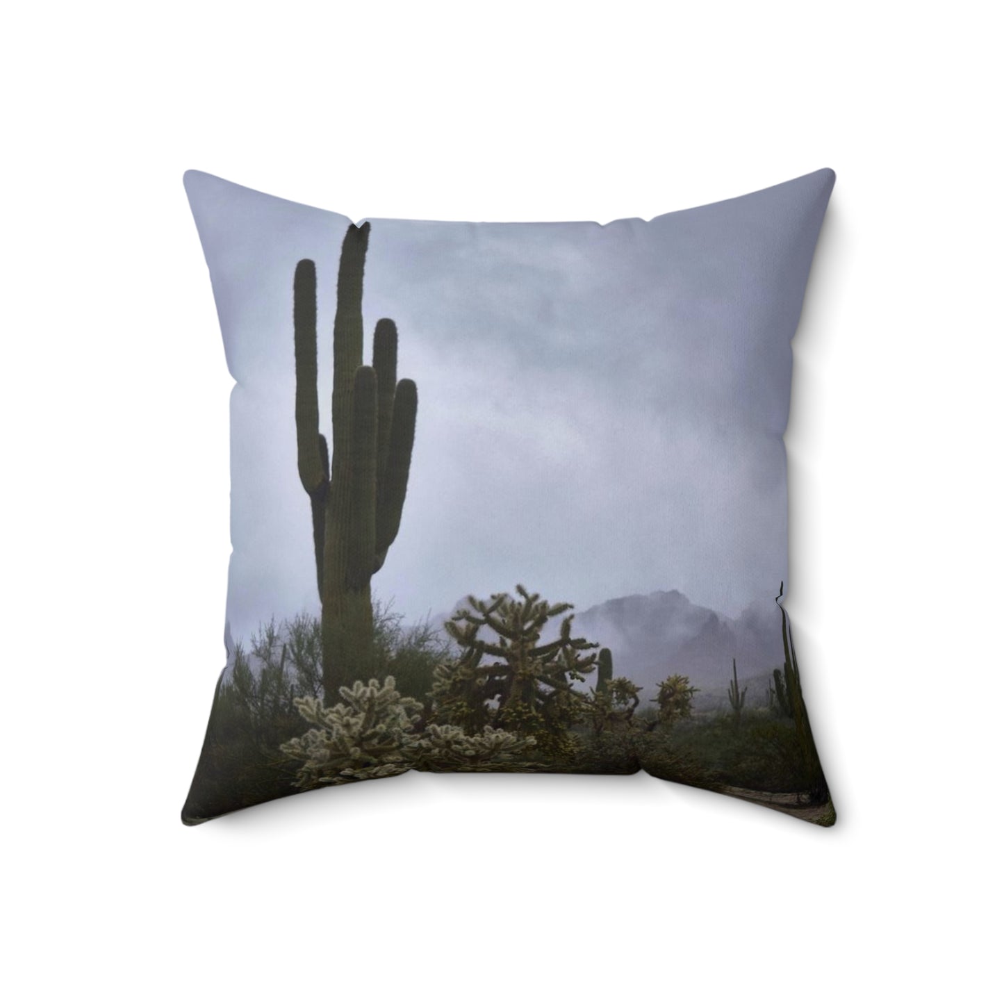 Spun Polyester Square Pillow - AZ Sun Rise and Fog in the desert