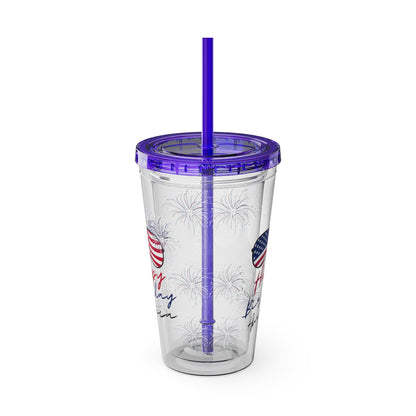 Clear Tumbler with color-matching lid and straw, 16oz  - Happy Birthday America