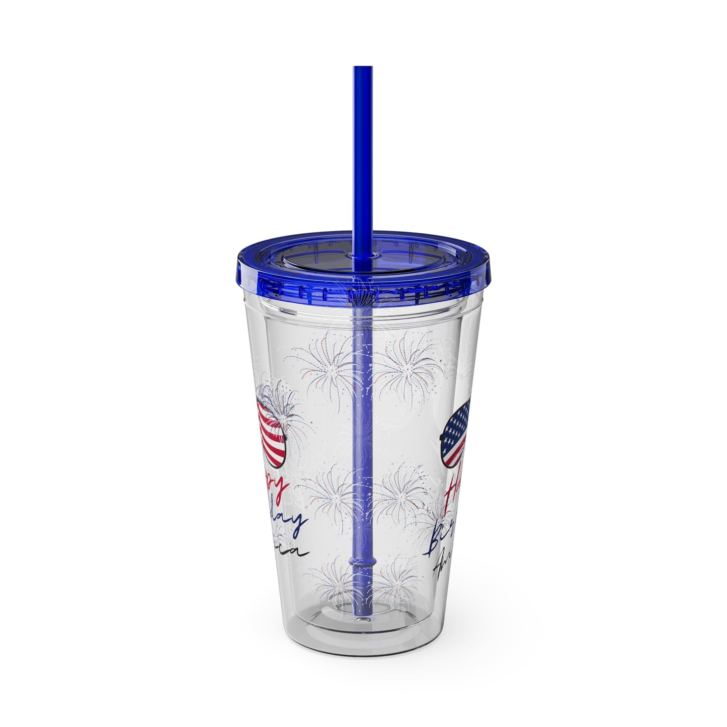 Clear Tumbler with color-matching lid and straw, 16oz  - Happy Birthday America