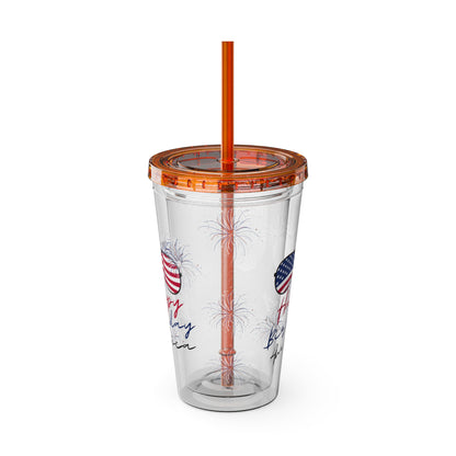 Clear Tumbler with color-matching lid and straw, 16oz  - Happy Birthday America