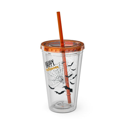 Clear Tumbler with color-matching lid and straw, 16oz  - Happy Halloween