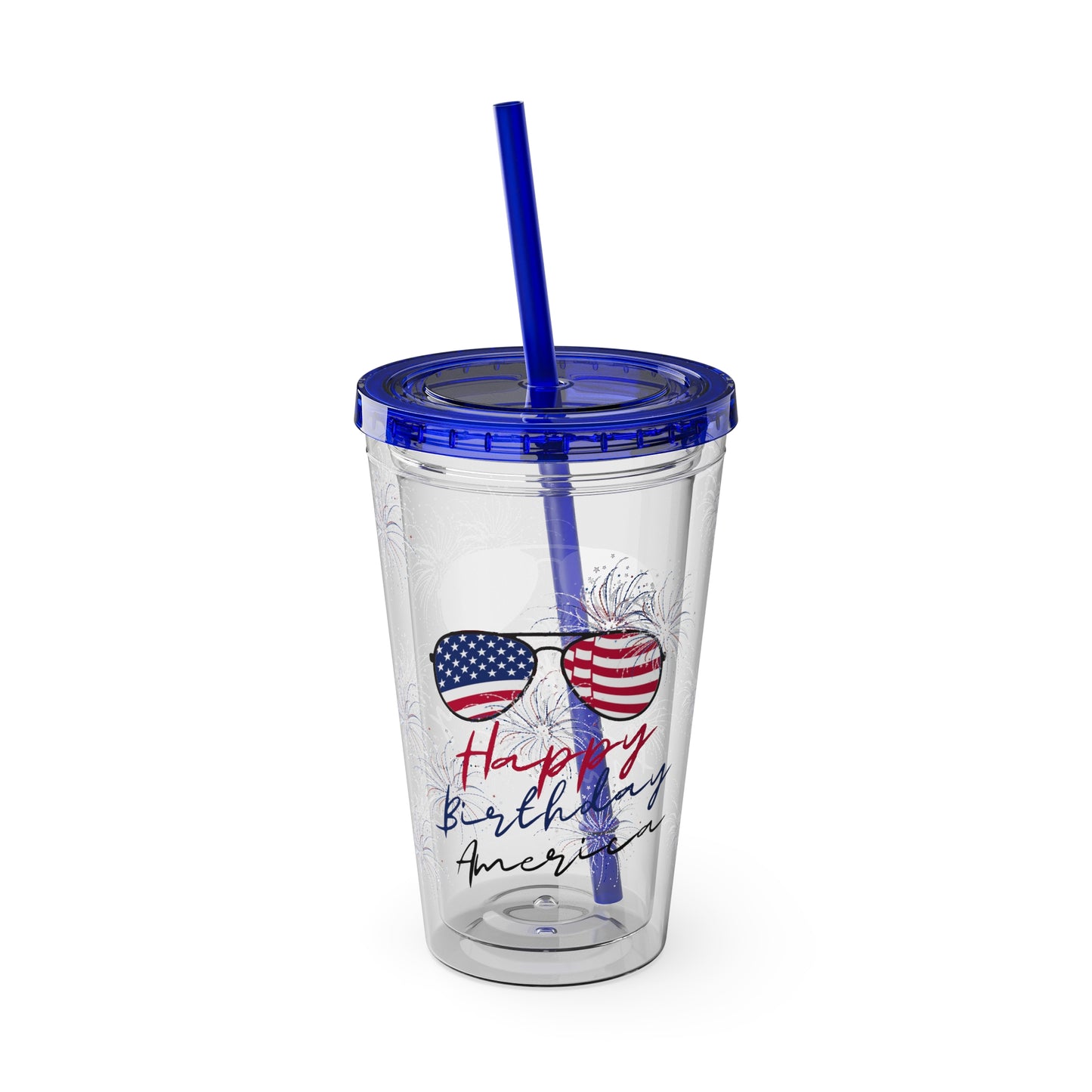 Clear Tumbler with color-matching lid and straw, 16oz  - Happy Birthday America