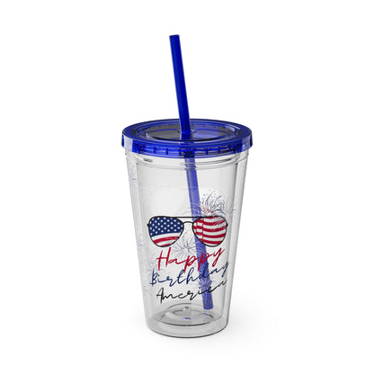 Clear Tumbler with color-matching lid and straw, 16oz  - Happy Birthday America