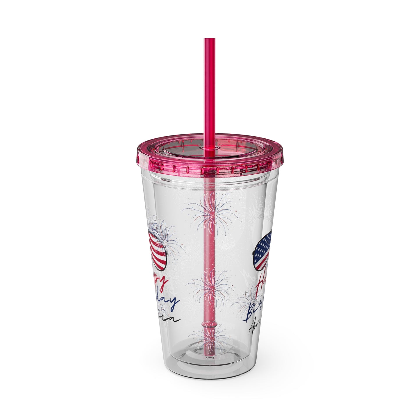 Clear Tumbler with color-matching lid and straw, 16oz  - Happy Birthday America