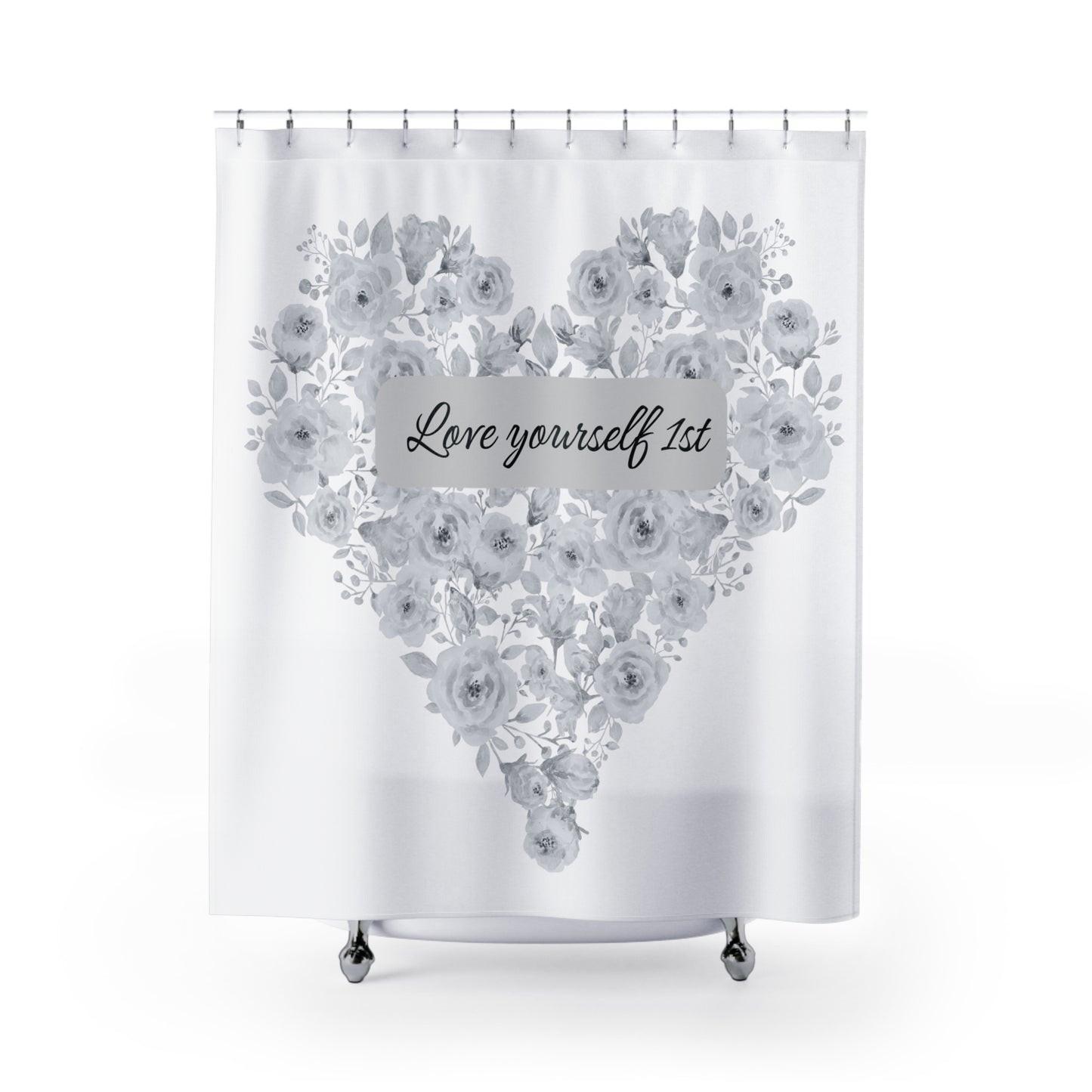 Shower Curtain - White and Grey Love yourself first