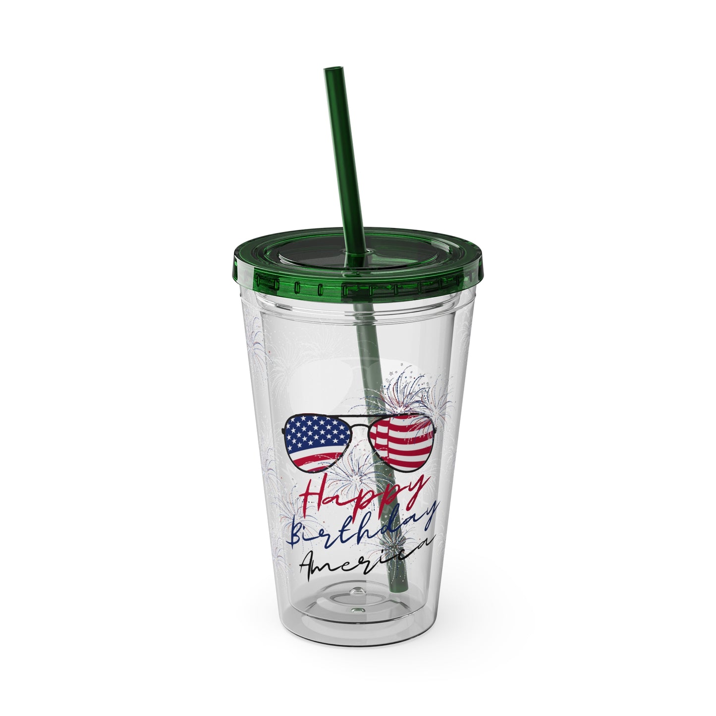 Clear Tumbler with color-matching lid and straw, 16oz  - Happy Birthday America