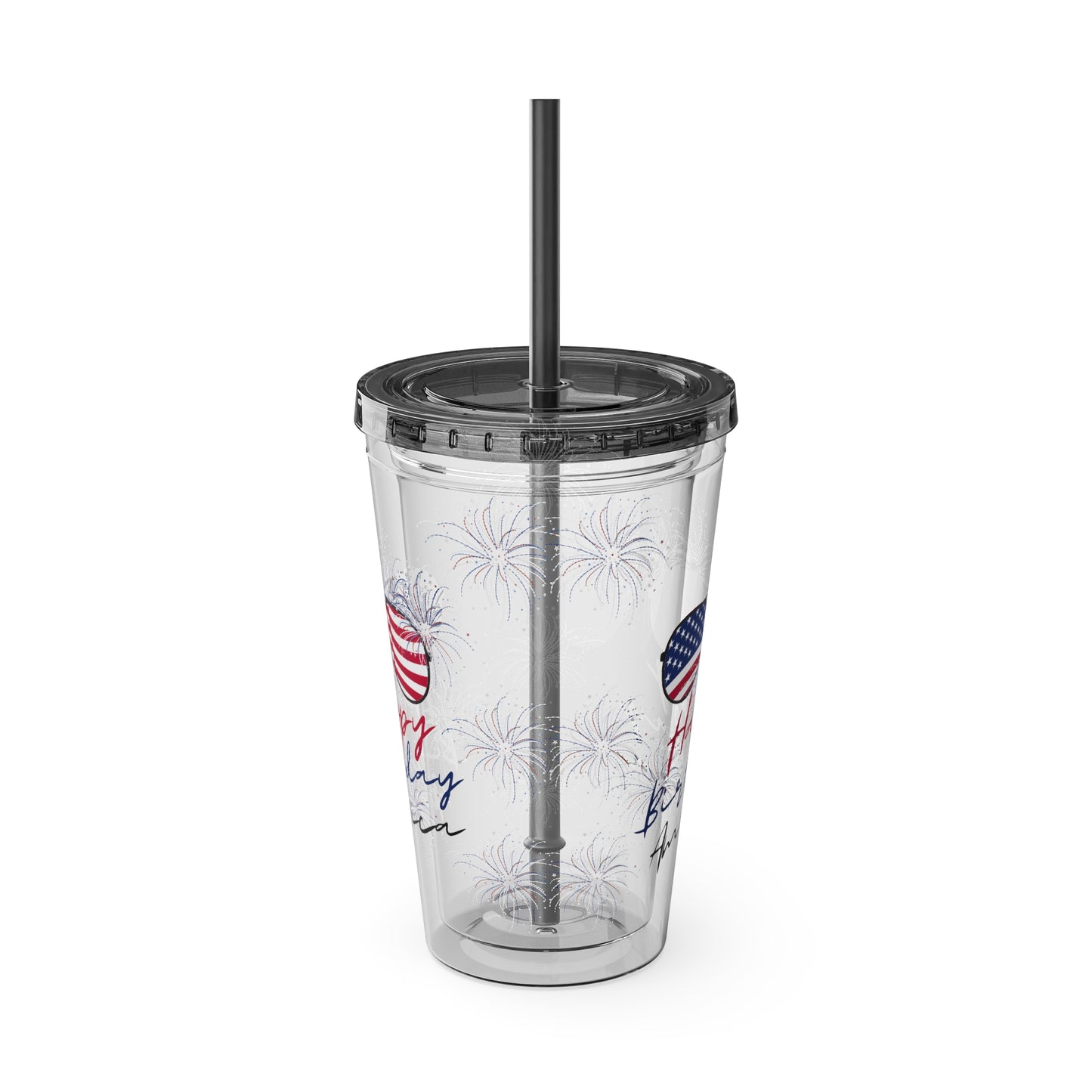 Clear Tumbler with color-matching lid and straw, 16oz  - Happy Birthday America