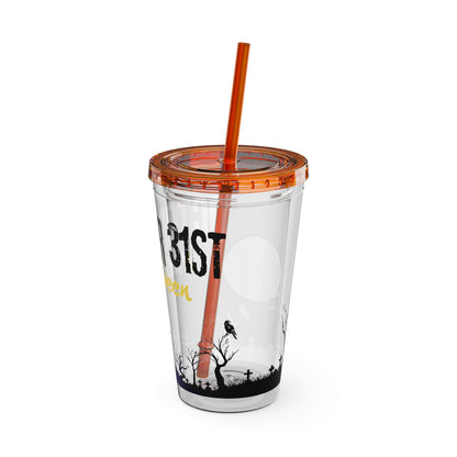 Clear Tumbler with color-matching lid and straw, 16oz - October 31 Haunted House Halloween Tumbler