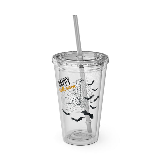 Clear Tumbler with color-matching lid and straw, 16oz  - Happy Halloween