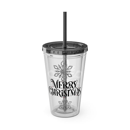 Clear Tumbler with color-matching lid and straw, 16oz - Merry Christmas