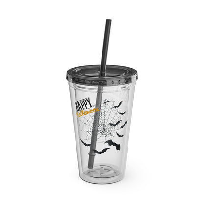 Clear Tumbler with color-matching lid and straw, 16oz  - Happy Halloween