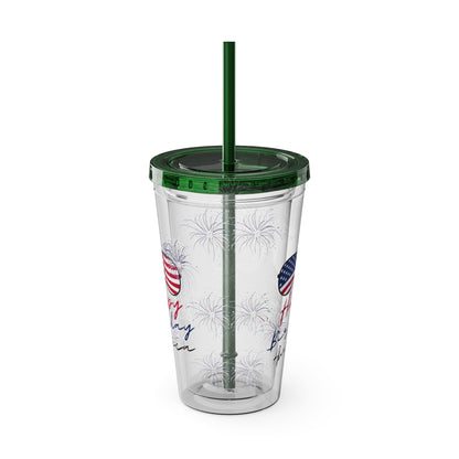 Clear Tumbler with color-matching lid and straw, 16oz  - Happy Birthday America