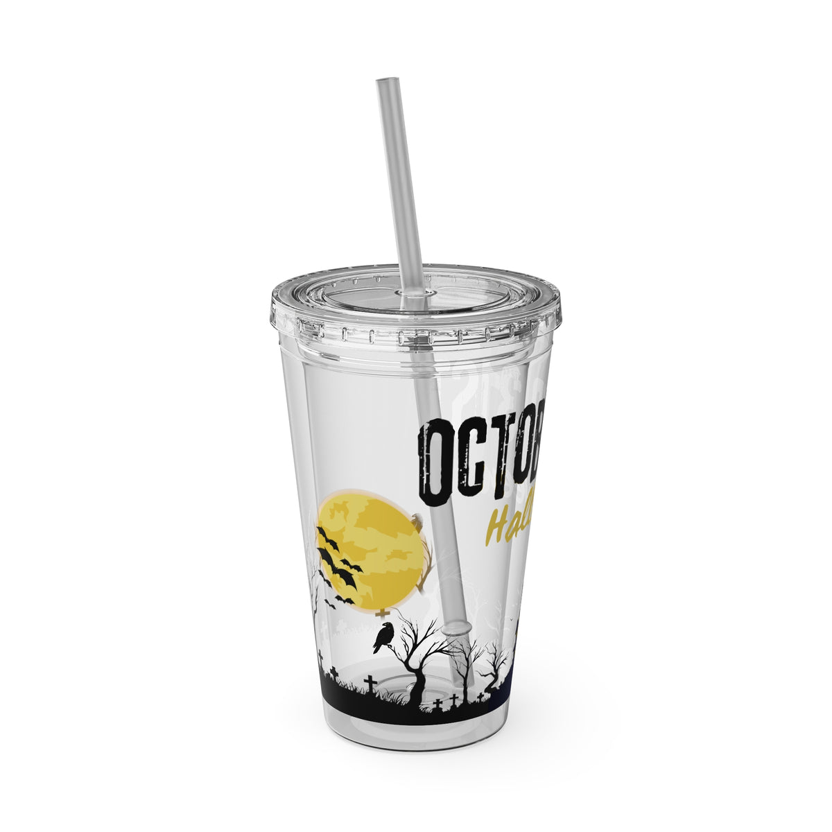 Clear Tumbler with color-matching lid and straw, 16oz - October 31 Haunted House Halloween Tumbler