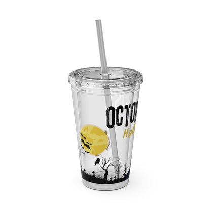 Clear Tumbler with color-matching lid and straw, 16oz - October 31 Haunted House Halloween Tumbler