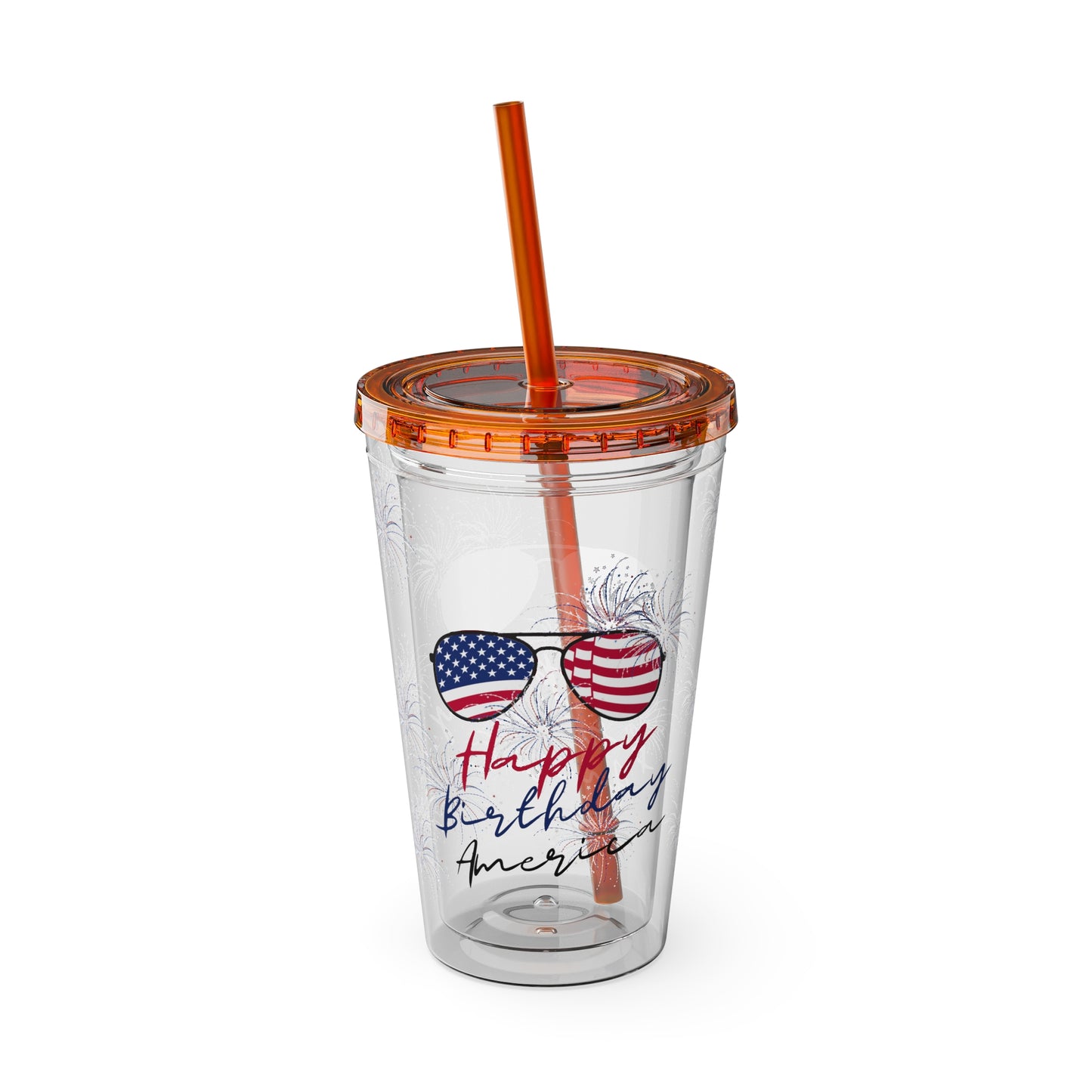 Clear Tumbler with color-matching lid and straw, 16oz  - Happy Birthday America