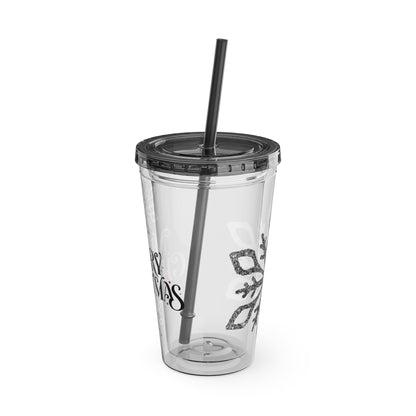 Clear Tumbler with color-matching lid and straw, 16oz - Merry Christmas