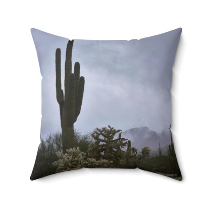 Spun Polyester Square Pillow - AZ Sun Rise and Fog in the desert