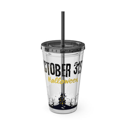 Clear Tumbler with color-matching lid and straw, 16oz - October 31 Haunted House Halloween Tumbler