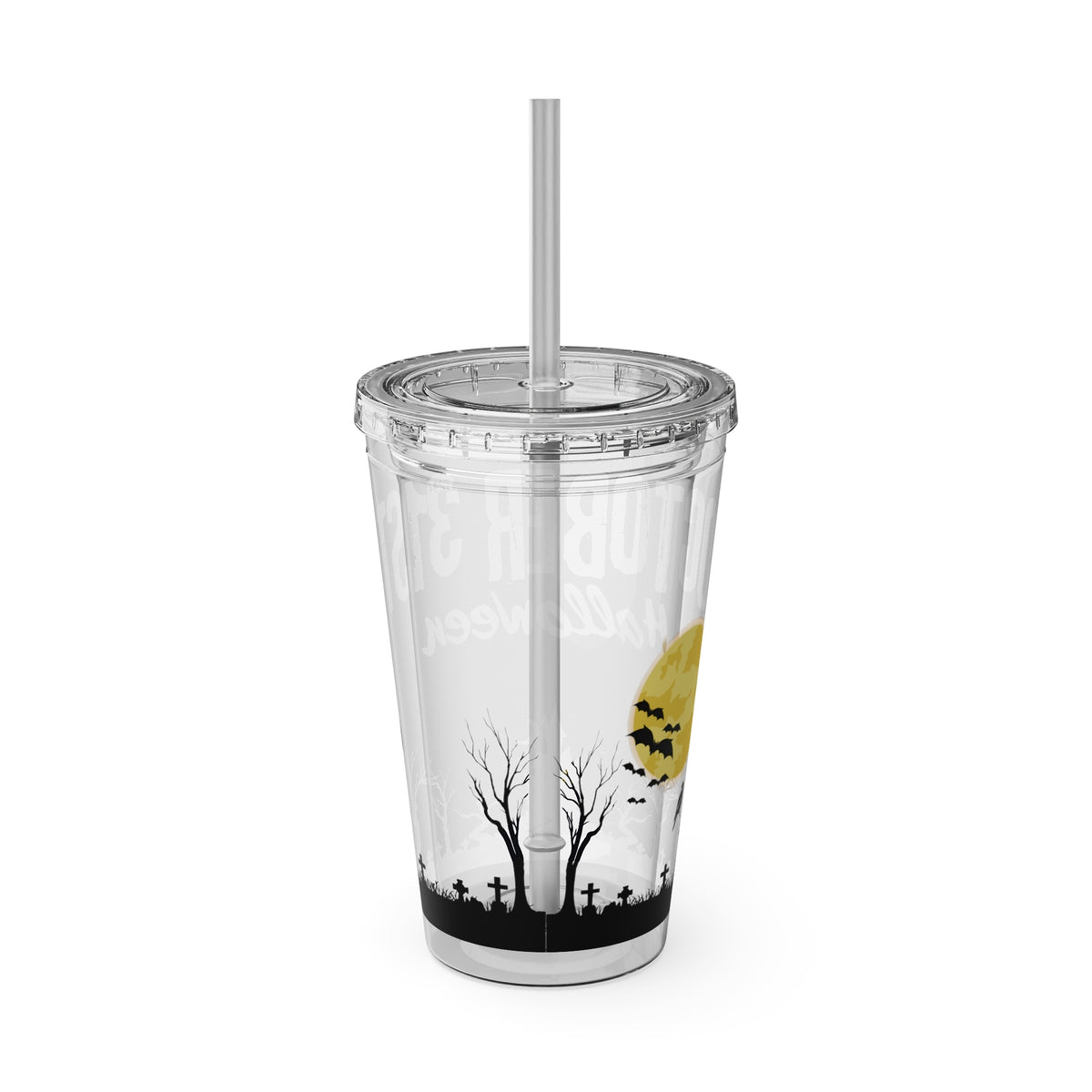 Clear Tumbler with color-matching lid and straw, 16oz - October 31 Haunted House Halloween Tumbler