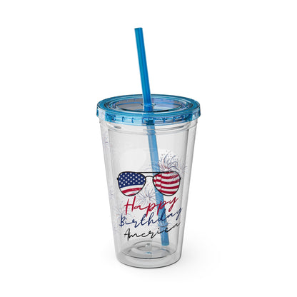 Clear Tumbler with color-matching lid and straw, 16oz  - Happy Birthday America