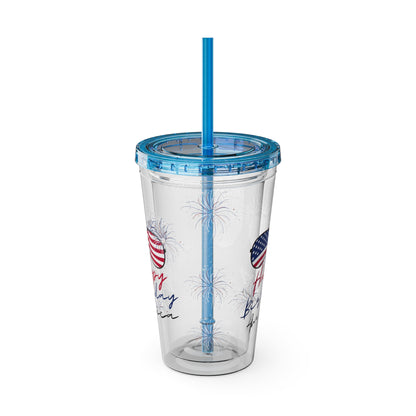 Clear Tumbler with color-matching lid and straw, 16oz  - Happy Birthday America