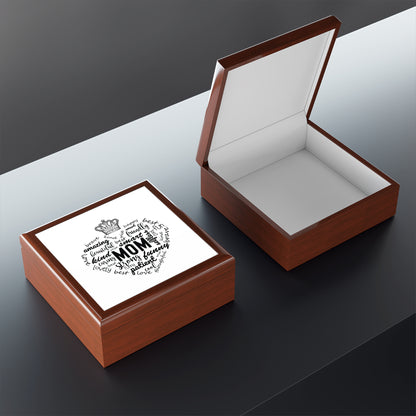MOM Appreciation Jewelry Box – White Ceramic Affirmations for Mom in a heart shape and crown for the queen she is.