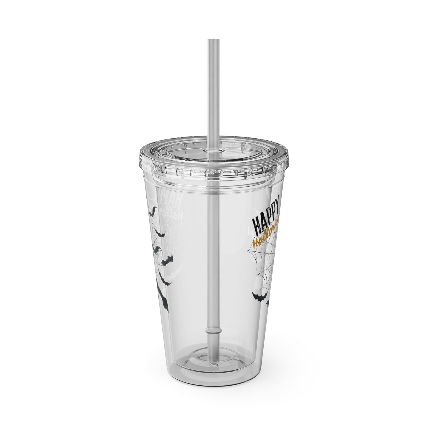 Clear Tumbler with color-matching lid and straw, 16oz  - Happy Halloween