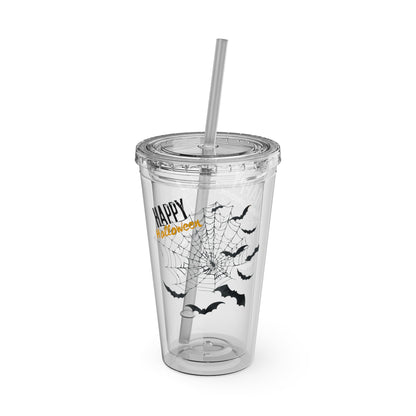 Clear Tumbler with color-matching lid and straw, 16oz  - Happy Halloween