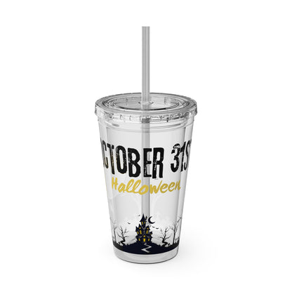 Clear Tumbler with color-matching lid and straw, 16oz - October 31 Haunted House Halloween Tumbler