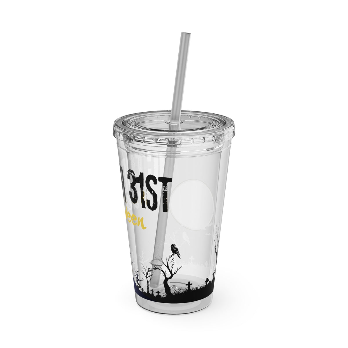 Clear Tumbler with color-matching lid and straw, 16oz - October 31 Haunted House Halloween Tumbler