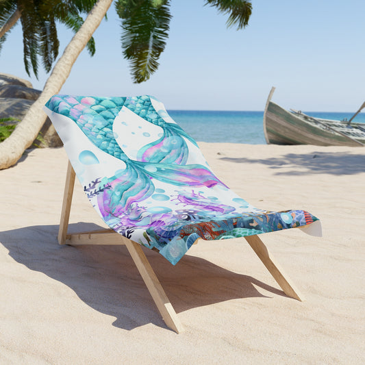Luxurious Beach Towel - Watercolor Vibrant Mermaids and Sea Horses Design