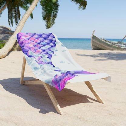 Luxurious Beach Towel - Watercolor Vibrant Tail and Bubbles Design